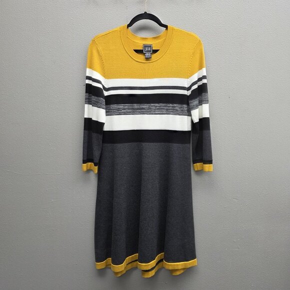 JH Dress Womens Large Gray Yellow Striped Colorblock 3/4 Sleeve Crewneck Knit - Picture 1 of 10